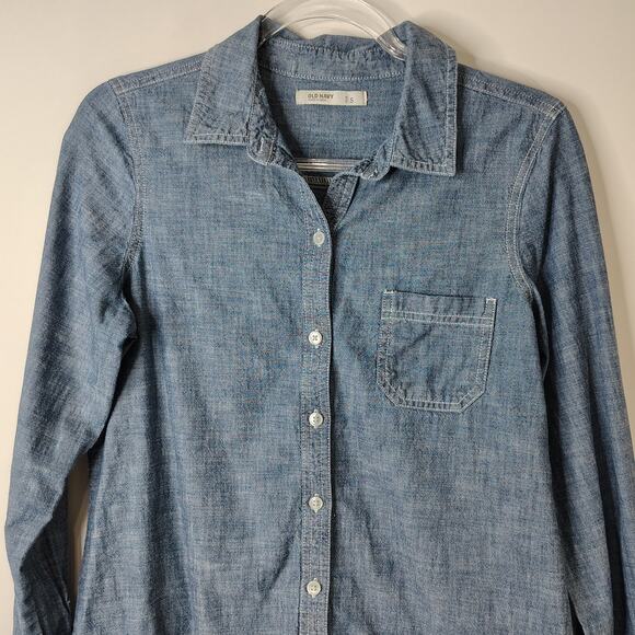 Old Navy 100% Cotton Chambray Button Up Shirt Long Sleeves Womens Small - Picture 2 of 13